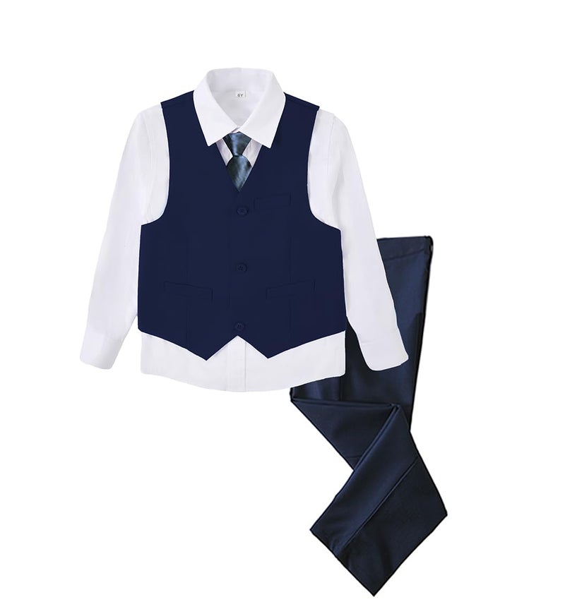 SaiLiiny Toddler Suits for Boys Wedding Suit Dress Shirt Navy Blue Vest and Pants Sets for Boy with Tie Size 12 - Image 1